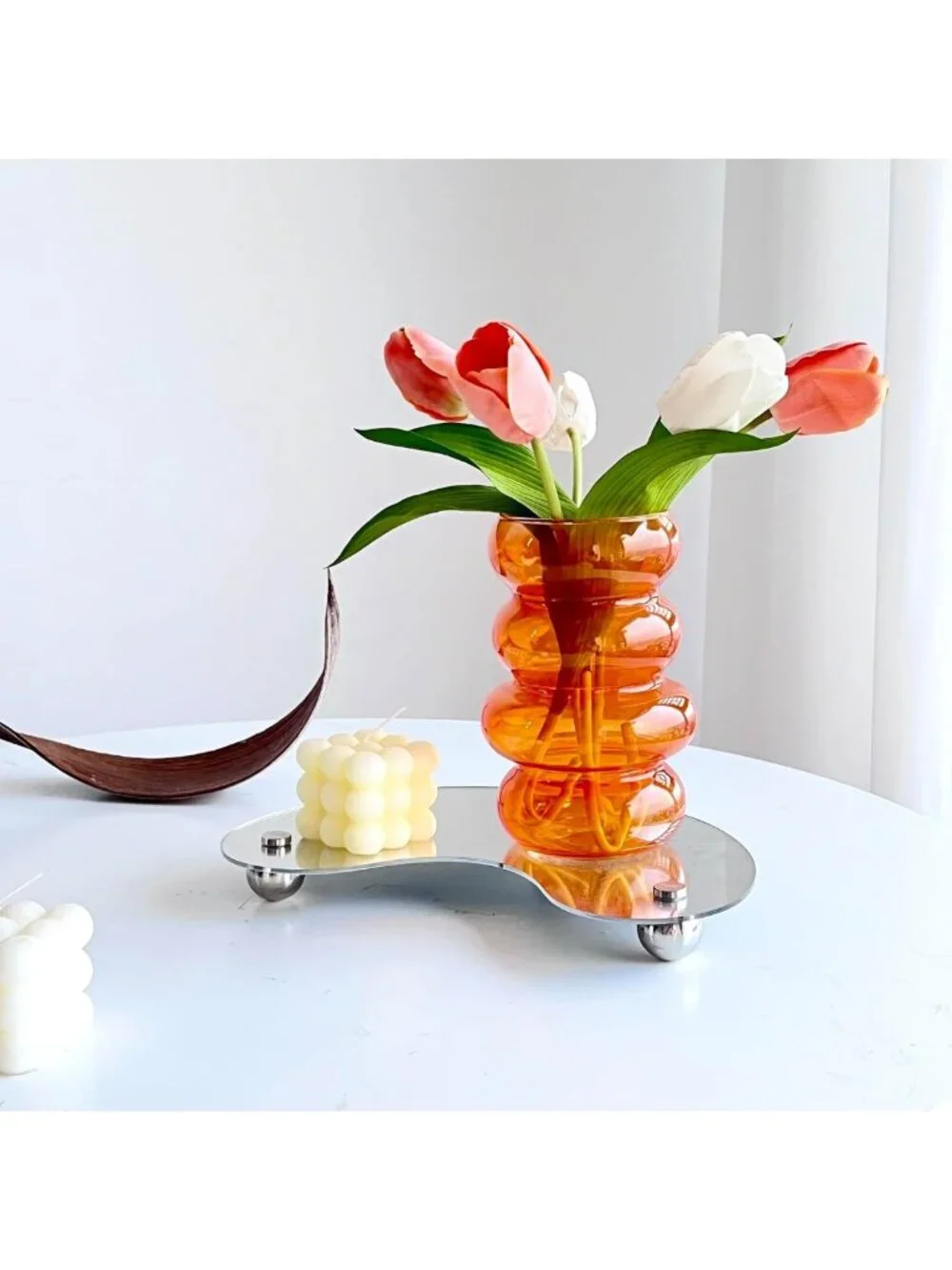 Modern 7-Inch Orange Geometric Glass Vase for Hydroponic Flowers & Home Décor